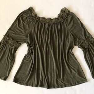 New Directions Boho Peasant-style Olive Bell Sleeve Knit Blouse XL Crochet Trim